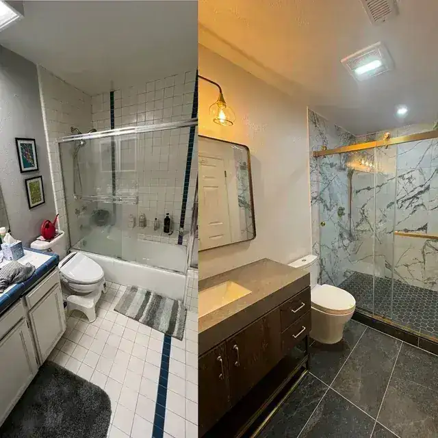 Finished bathroom with glass shower, vanity, toilet, mirror, and marble-look wall finish