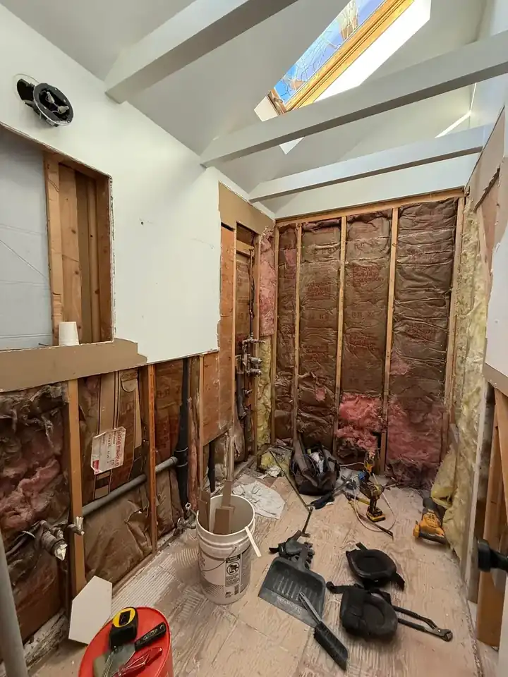 Bathroom renovation progress with open walls, exposed framing, vaulted ceiling beams, skylight, and protected work area