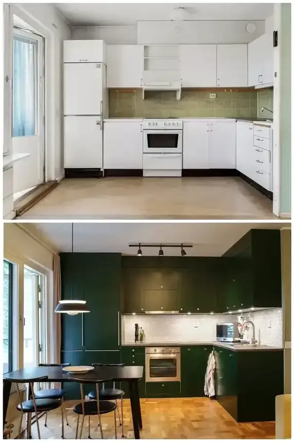 Before and after kitchen renovation comparison showing floor and cabinet changes